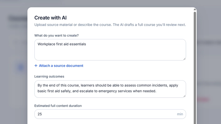 Wizlearn AI course creation form with learning outcomes and source document