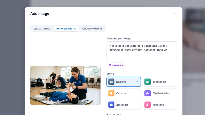Wizlearn image generation prompt and style options in the course editor