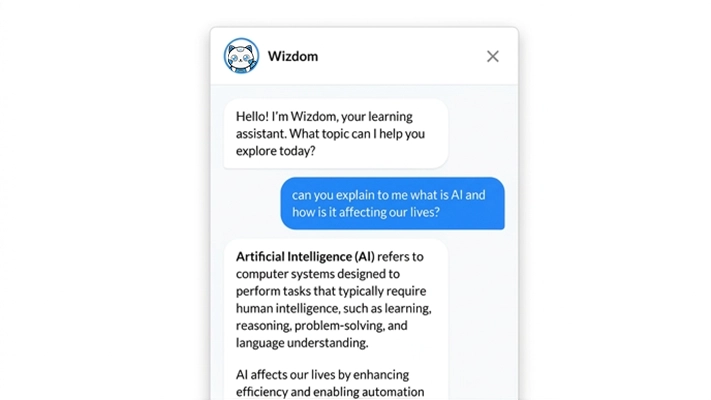 Wizlearn course viewer with AI assistant beside learner content