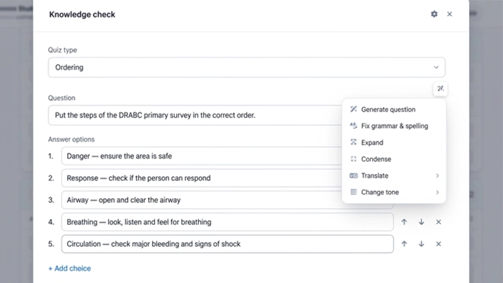 Wizlearn quiz editor showing an ordering question with AI options to generate questions, fix grammar, expand, condense, translate and change tone