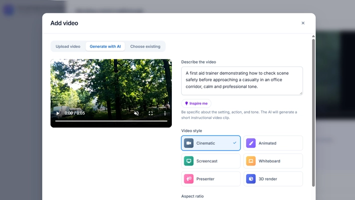 Wizlearn video generation panel with style and aspect ratio options